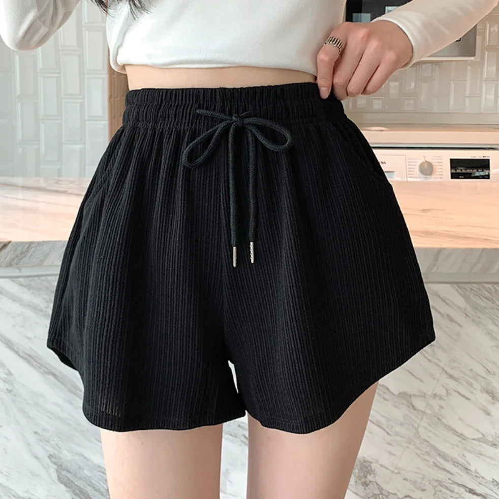 Women's Waffle Shorts sports shorts summer new Korean loose high waist wide leg pants wear women's clothing