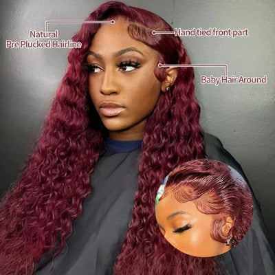 Curly 99J Burgundy 30 Inch Deep Wave 13x4 Lace Front Wig Wet And Wavy Red Colored wigs HD Lace Frontal 100% Human Hair Wigs
