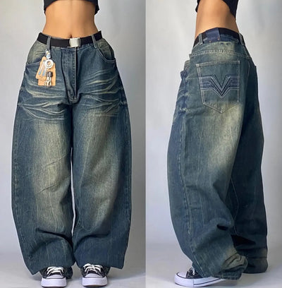 American New Fashion Letter Embroidery Washed Hole Baggy Jeans Men Y2K Streetwear Harajuku Popular High Waist Wide-leg Trousers