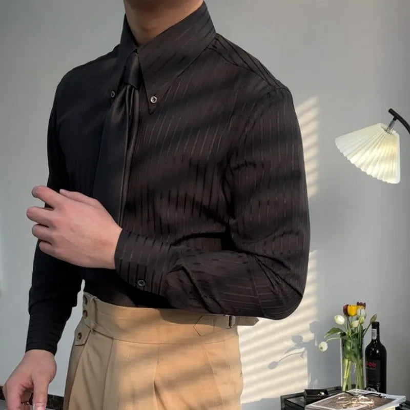New Daily Business Leisure Mens Stripe Shirt Vintage Single Breasted Slim Fit Office Man Slim Fit Shirts Turn-Down Collar Tops
