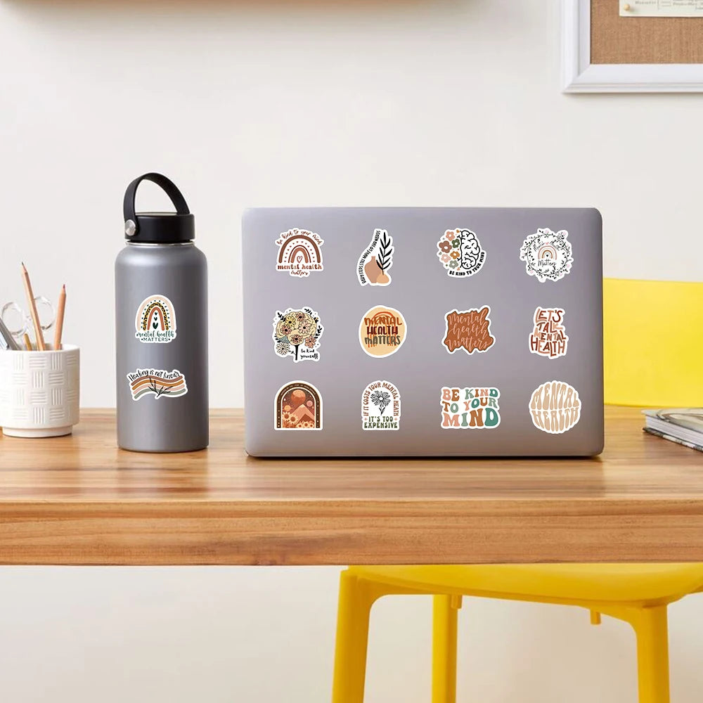 50pcs Boho Mental Healthy Stickers Aesthetic Decals For Laptop Luggage Skateboard Water Bottle Notebook Waterproof Vinyl Sticker