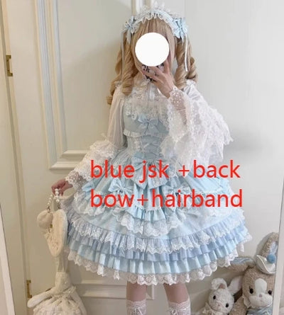 Original Lolita Dress Set Doll Feeling Girl Women's Sweet Jsk Suspender Dress Princess Fairy Lace Bow Sling Cake Dresses