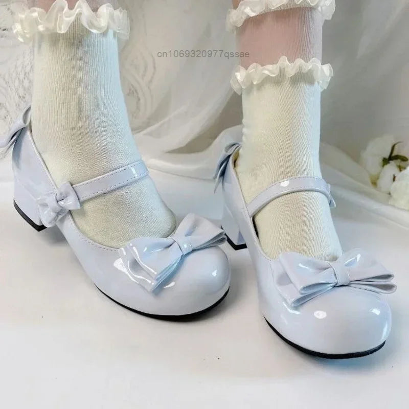 2024Lolita Style Cute Round Head  Jane Pumps With Bow Women's Sweet Party Dress Midi Heels Shoes Fashion PU Sandals