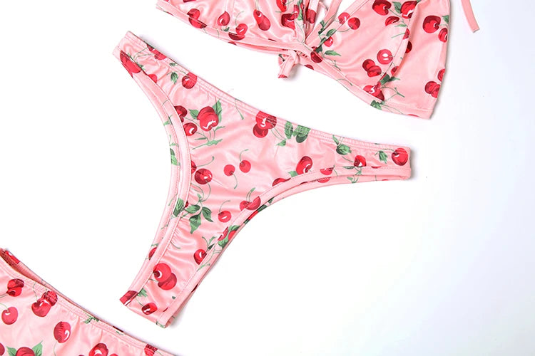 Weird Puss Hottie Sexy 3 Piece Set Women Summer Cherry Print Halter Bra+Thong+Skirts Vacation Beach Party Clubwear Matching Suit