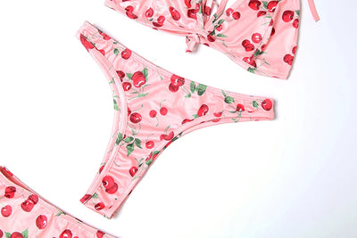 Weird Puss Hottie Sexy 3 Piece Set Women Summer Cherry Print Halter Bra+Thong+Skirts Vacation Beach Party Clubwear Matching Suit