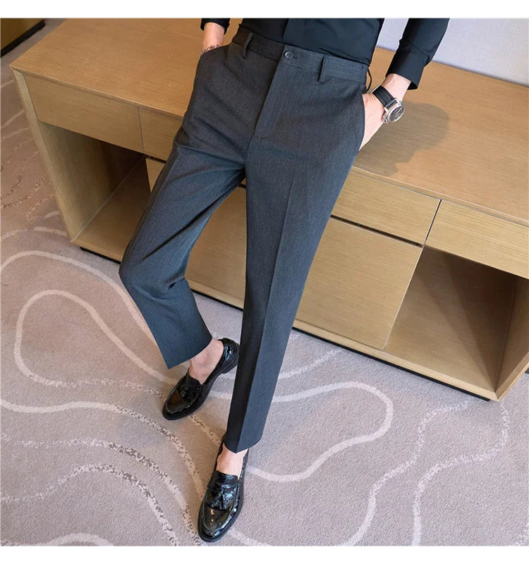 High End Elastic Waistband Suit Pants for Men Embroidered Business Casual Pants Solid Colror Versatile Social Office Trousers