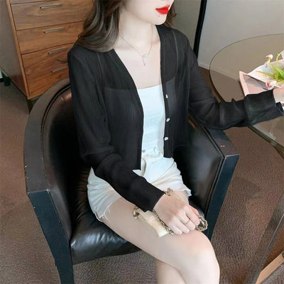 Ice silk sun protection clothing for women in summer, thin chiffon cardigan with camisole skirt, outer cover, small shawl jacket