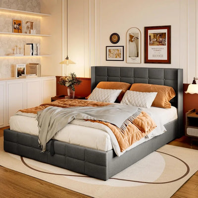 Queen Lift Up Storage Bed with Storage, Upholstered Platform Bed Frame with Modern Wingback Headboard, Woodern
