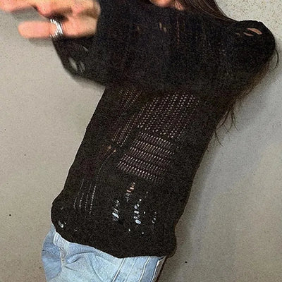 Women's Vintage Gothic Hollow Knit Sweater with Ripped Holes Grunge Y2K Style Thin Long Sleeve Loose Fit Summer Top in Black