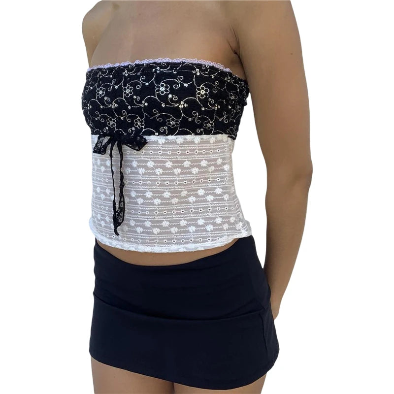 Xingqing y2k Off Shoulder Top Women Fairy Grunge Clothes Summer Sleeveless Lace Trim Patchwork Strapless Tshirt 2000s Streetwear
