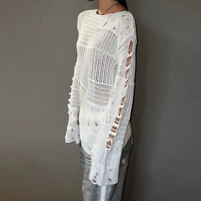 Women's Vintage Gothic Hollow Knit Sweater with Ripped Holes Grunge Y2K Style Thin Long Sleeve Loose Fit Summer Top in Black