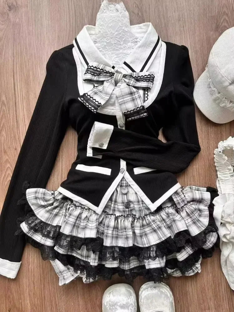 Japanese Sweet Preppy Style 2 Piece Set Women Kawaii Lace Patchwork Bow Tops + Y2k Plaid Mini Skirt Elegant Fashion Outifits New