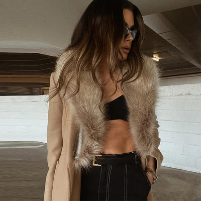 Elegant Fur Lapel Long Coat Women With Belt Woolen Full Sleeve Lace Up Loose Thicken Overcoat 2025 Spring Solid Pocket Outwear