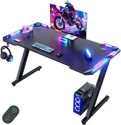 LED Gaming Desk 120 x 60 cm, Gaming Desk with RGB Light, Cup Holder and Hook for Headphones, Ergonomic Computer Table