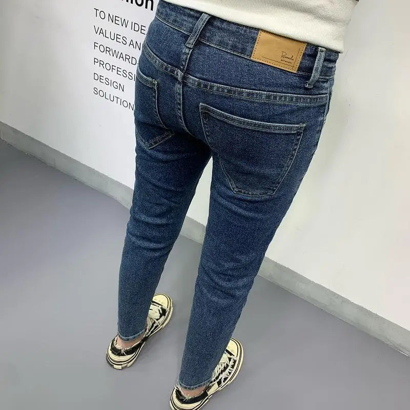 New Men's Slim Denim Jeans Casual Spring and Autumn Stretchy Skinny Pants Korean Style Trendy Cowboy Hip Hop Cropped Trousers