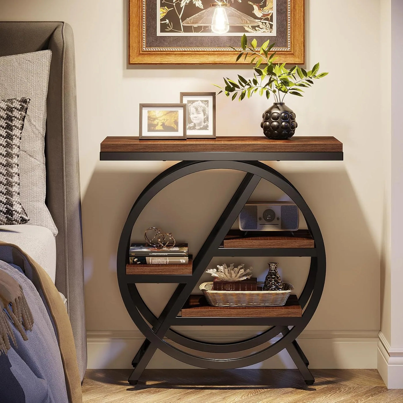 End Table for Living Room, 3-Tier Narrow Side Table with Storage, Wood Sofa Side Table with Geometric Metal Frame for Bedroom