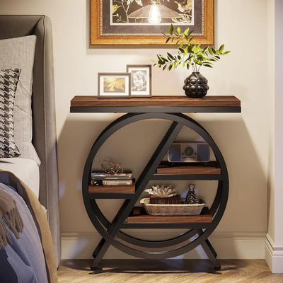 End Table for Living Room, 3-Tier Narrow Side Table with Storage, Wood Sofa Side Table with Geometric Metal Frame for Bedroom