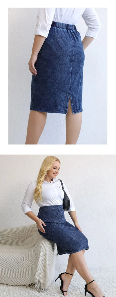LIH HUA Women's Plus Size Denim Skirt Chic Elegant Skirt For Chubby Women Autumn Knitted Cotton Skirt