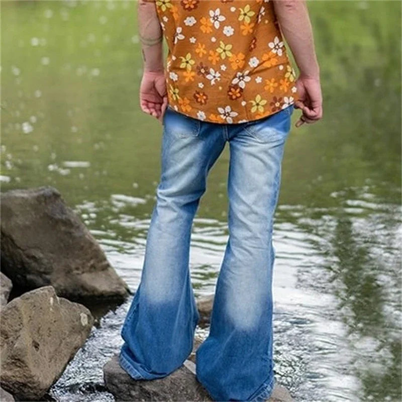 Men's Punk Style Splicing Pocket Embroidery Large Flared Jeans Male Vintage Four Seasons Blue Trousers Street Casual Denim Pants