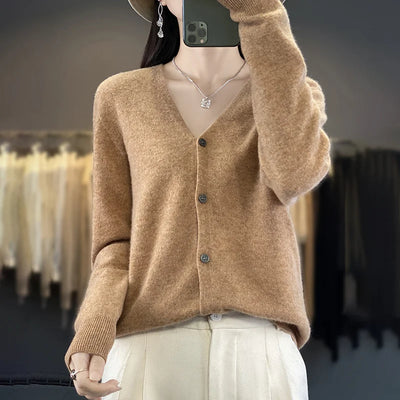 Spring Autumn Women 100% Merino Wool Cardigan Soft V-Neck Cashmere Sweater Buttoned Knitwear Casual Clothing Korean Style Shirt