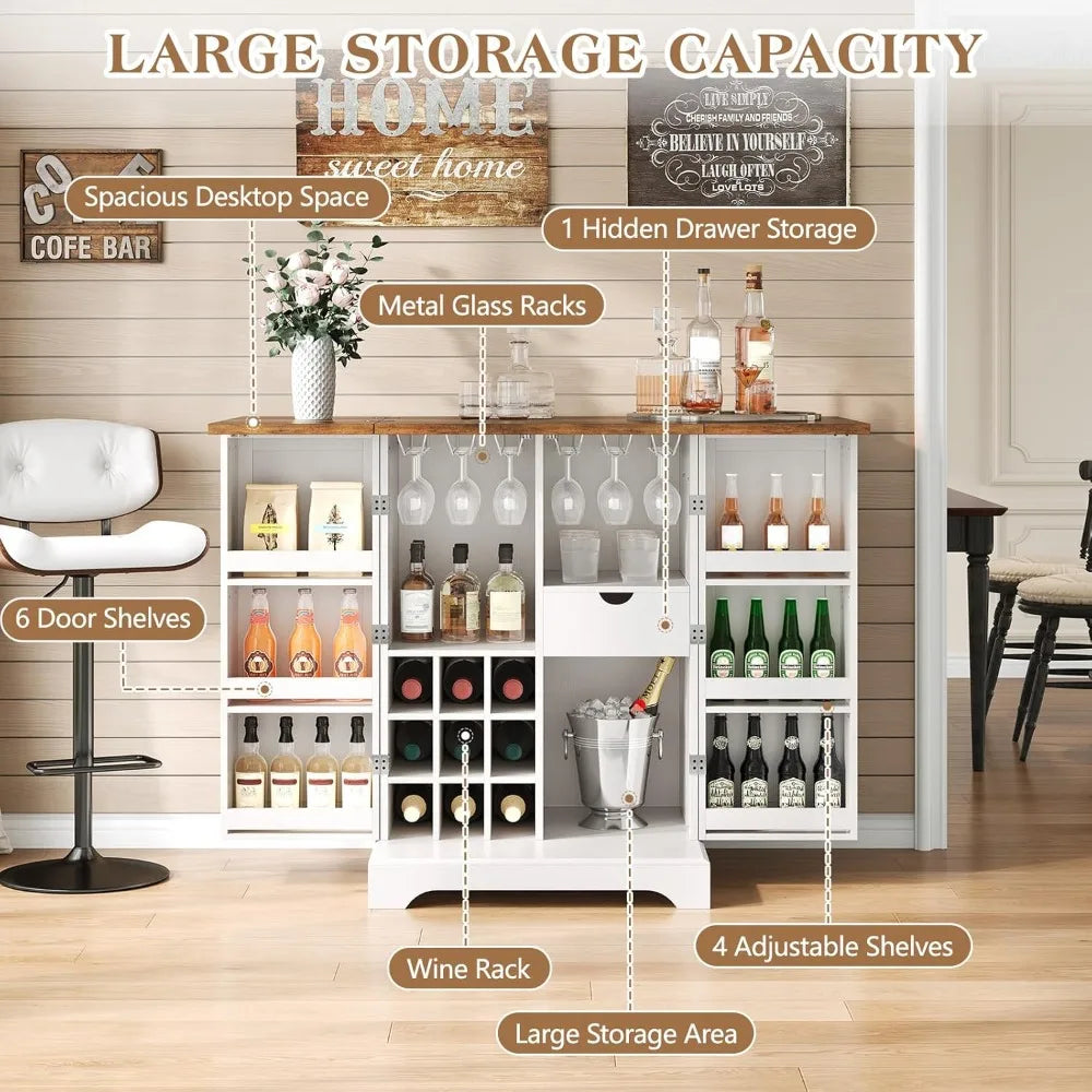 Farmhouse Expandable Wine Bar Cabinet, 61" Home Bar Unit with Foldable Tabletop & Barn Door, Coffee Bar Cabinet with Wine & Glas