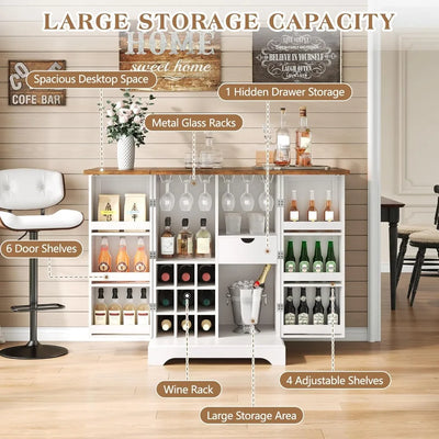 Farmhouse Expandable Wine Bar Cabinet, 61" Home Bar Unit with Foldable Tabletop & Barn Door, Coffee Bar Cabinet with Wine & Glas