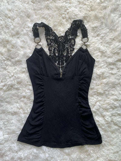 Y2k Sling T-shirt Woman Clothing Lace Sexy Vintage Backless Aesthetics Zipper Harajuku Grunge V-Neck Streetwear Crop Top Summer