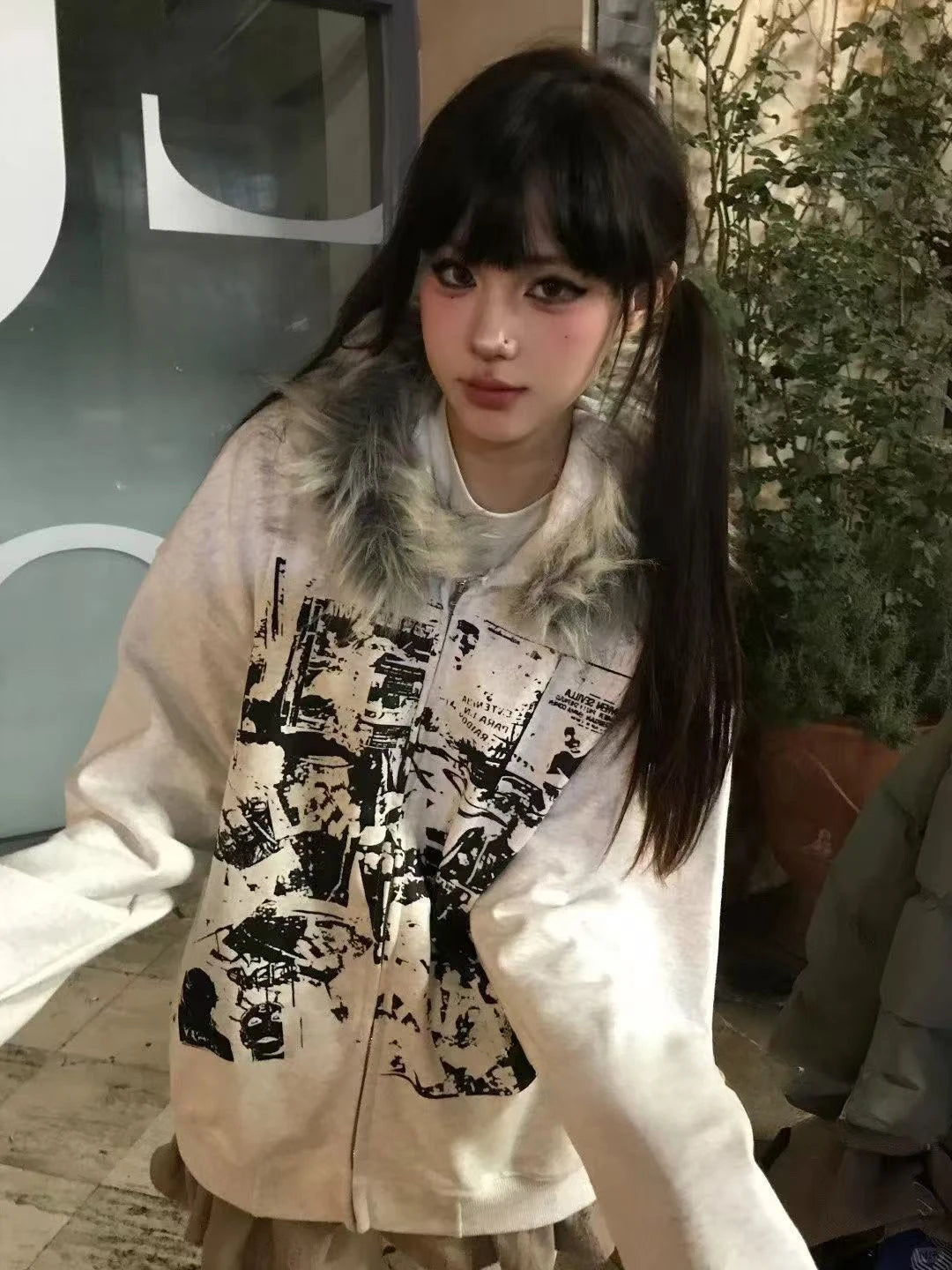Print Tunic Hooded Y2k Coat Streetwear Fashion Casual Hoodies Tops Ropa Mujer Vintage Sweatshirts 2024 Women's Clothes White