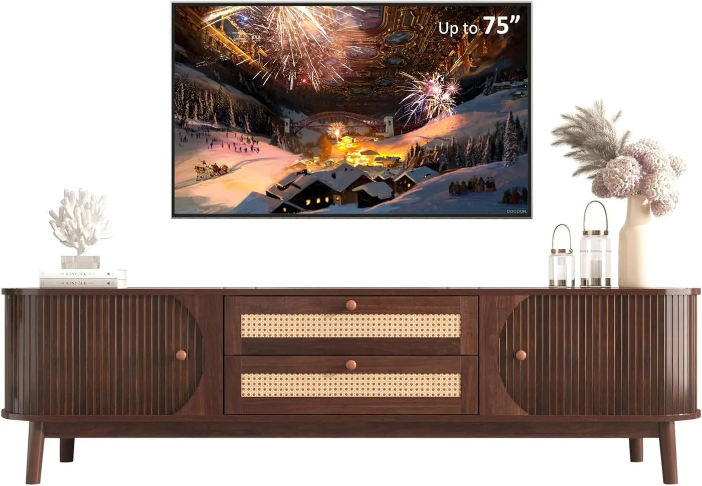 Modern Fluted TV Stand for 75" TVs – Mid-Century Entertainment Center with Tambour Door & Rattan-Fronted Media Console