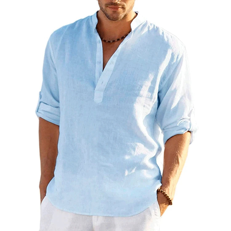 Men Cotton Linen T-shirts Summer V Collarless Long Sleeve Solid Sand Beachwear Office Man Tee Shirt Tops BSDFS-ZT167