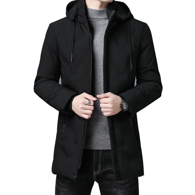 Fashion Men Long Parkas Coat Solid Slim Fit Warm Thicken Jacket Outwear Windproof Coat Hooded Cotton-padded Zipper Windbreaker