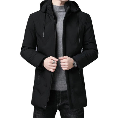 Fashion Men Long Parkas Coat Solid Slim Fit Warm Thicken Jacket Outwear Windproof Coat Hooded Cotton-padded Zipper Windbreaker