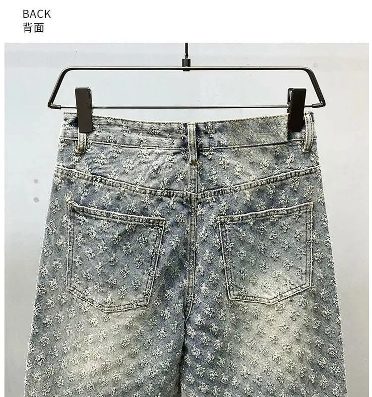 American Y2K Light Luxury Quality Retro Denim Shorts Summer Hip Hop INS Men Loose Shave Jacquard Couple Denim Five Point Pants