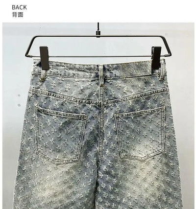 American Y2K Light Luxury Quality Retro Denim Shorts Summer Hip Hop INS Men Loose Shave Jacquard Couple Denim Five Point Pants