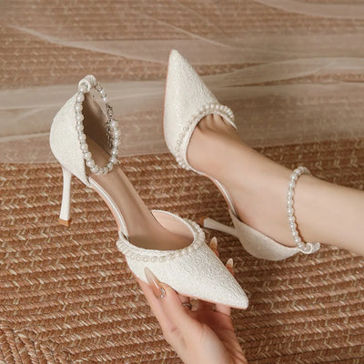 High Heeled Shoes Women's 2025 Summer with A Thin Heel and Pointed Toe A Straight Cut Lace Surface White Pearl Bridal Shoe Women