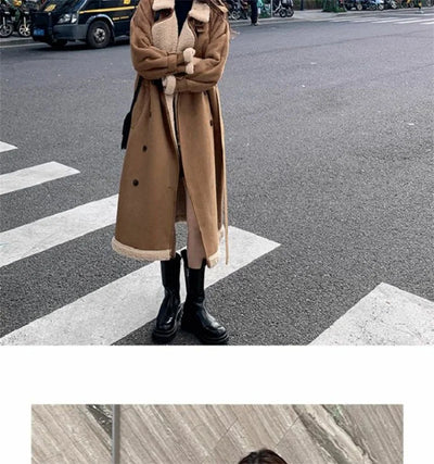 2024 Autumn Winter New Medium Long Double-breasted Lambswool Suede Woolen Coat Women Add Velvet Padded Warm Fur One Woolen Coats
