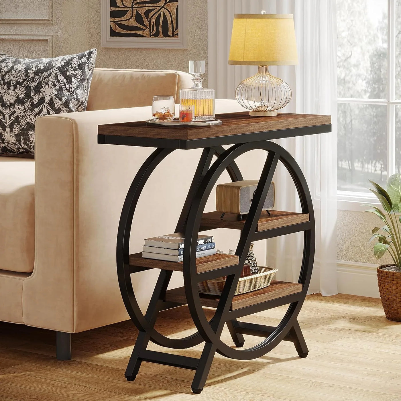 End Table for Living Room, 3-Tier Narrow Side Table with Storage, Wood Sofa Side Table with Geometric Metal Frame for Bedroom