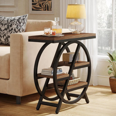 End Table for Living Room, 3-Tier Narrow Side Table with Storage, Wood Sofa Side Table with Geometric Metal Frame for Bedroom