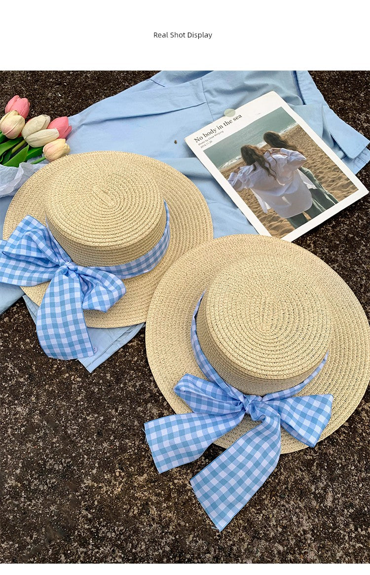 Straw Hat Japanese Style Women's Spring Summer Outing Plaid Bows