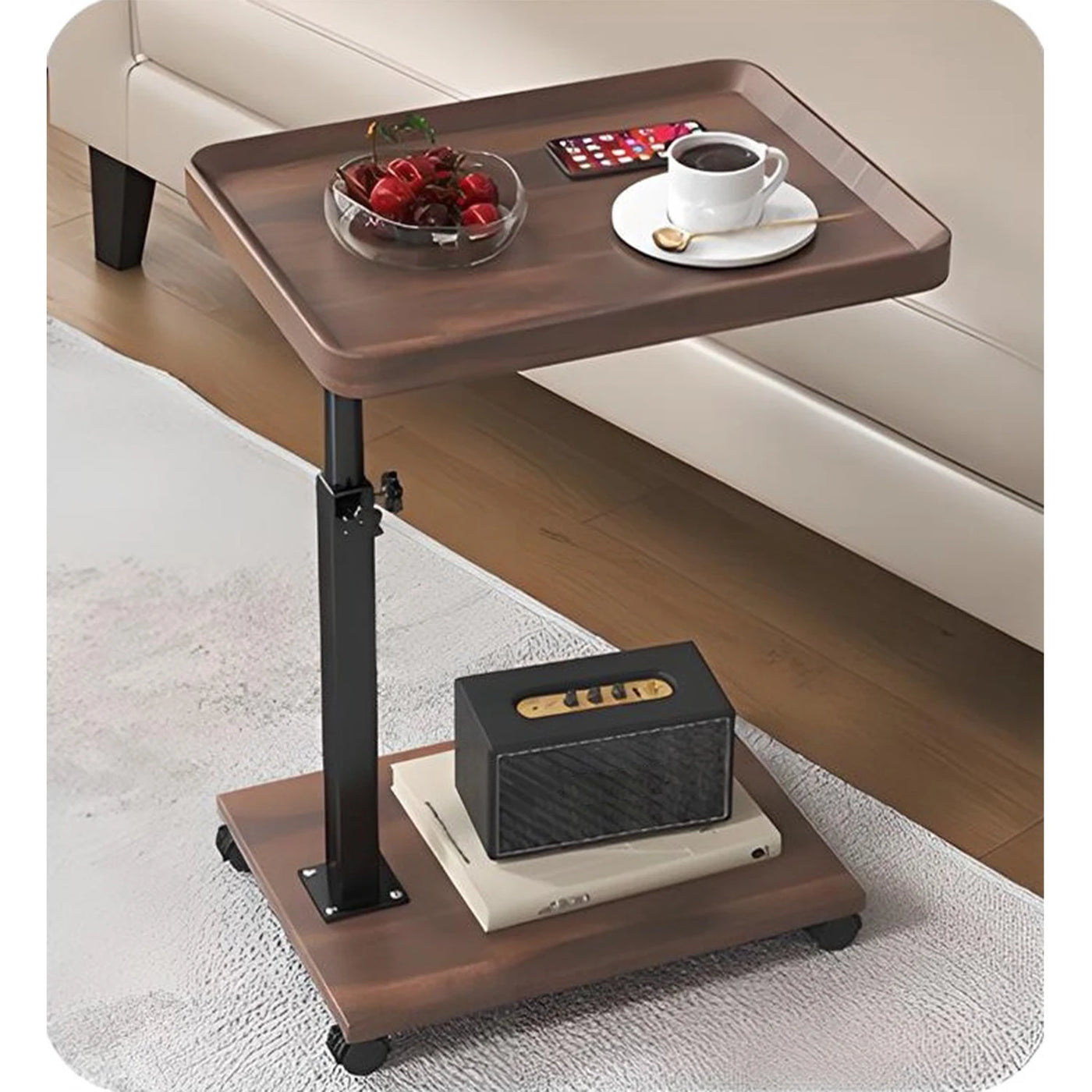 Wooden C-Shape Lifting Side Table Movable Small Table Sofa Corner Table for Sofa Living Room Bedroom Bedside Laptop Desk