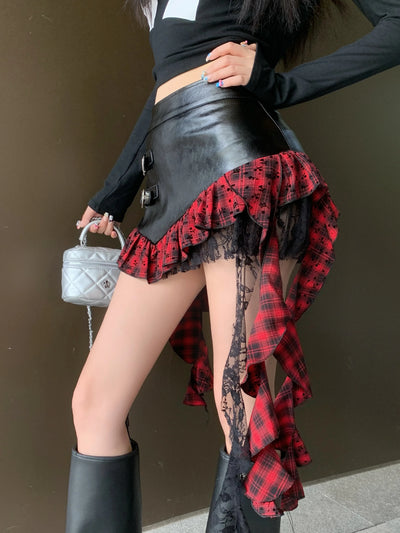 Faux Leather Mini Skirt with Plaid Ruffle Lace Trim Heart-Shape Buckle Asymmetrical Miniskirt Teen-girl e-girl Y2k Grunge Outfit