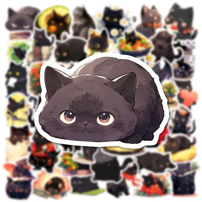 50/100pcs Cute Black Cat Stickers Laptop Phone Case Notebook Scrapbooking Car Vinyl Waterproof Cartoon Cats Decal Kids Gift Toy