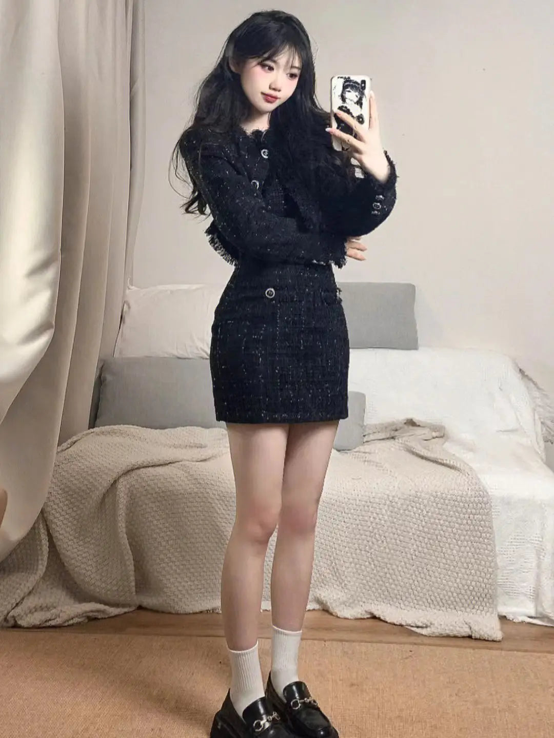 Korean Fashion Short Coat Autumn/Winter New Strap Camisole Dress Wrap Hip Slim Mini Dress Spicy Girl Two Piece Set Women Outfits
