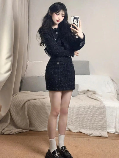 Korean Fashion Short Coat Autumn/Winter New Strap Camisole Dress Wrap Hip Slim Mini Dress Spicy Girl Two Piece Set Women Outfits