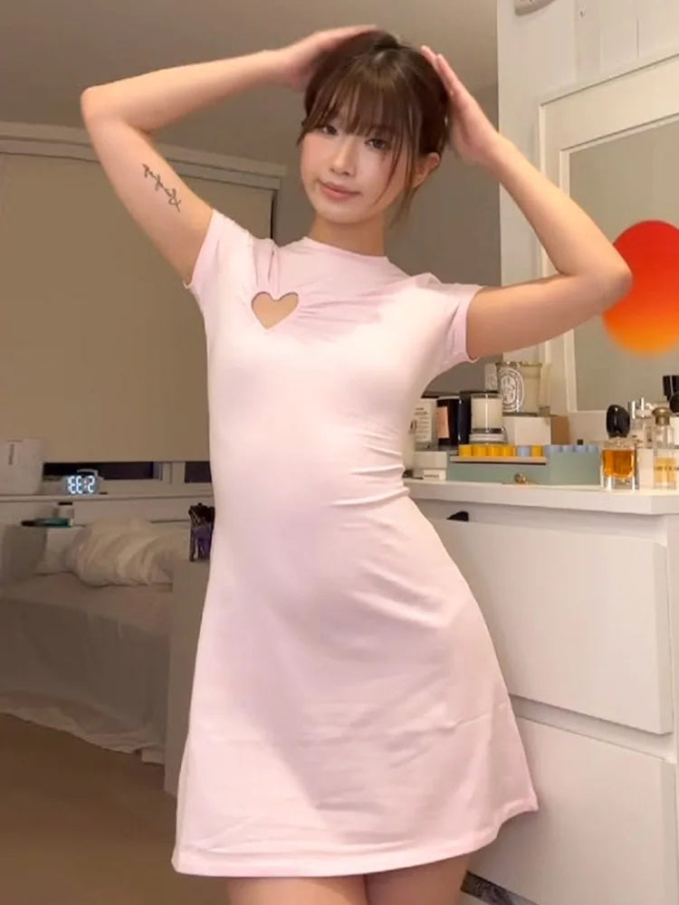Love Hollow Out Short Sleeve Mini Dress Pink White Black Casual Dresses Womens Summer Clothes N85-BD16