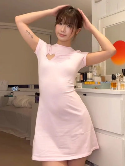Love Hollow Out Short Sleeve Mini Dress Pink White Black Casual Dresses Womens Summer Clothes N85-BD16