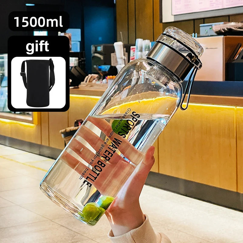 Sports Glass Water Bottle 2L Capacity Free Cup Cover (with Shoulder Strap)  Portable Leak-proof Drinking Stainless Steel Lid