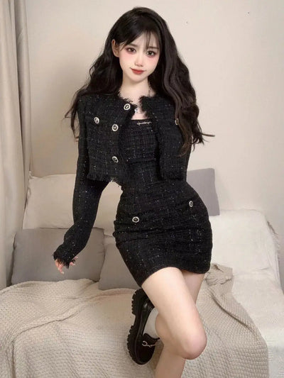 Korean Fashion Short Coat Autumn/Winter New Strap Camisole Dress Wrap Hip Slim Mini Dress Spicy Girl Two Piece Set Women Outfits