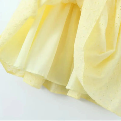 2024 Sexy Yellow Hollow out Embroidery Lace Cotton Corset Style Bow Sling Dress Women Low Waist Ball Gown Swing Mini Party Robe