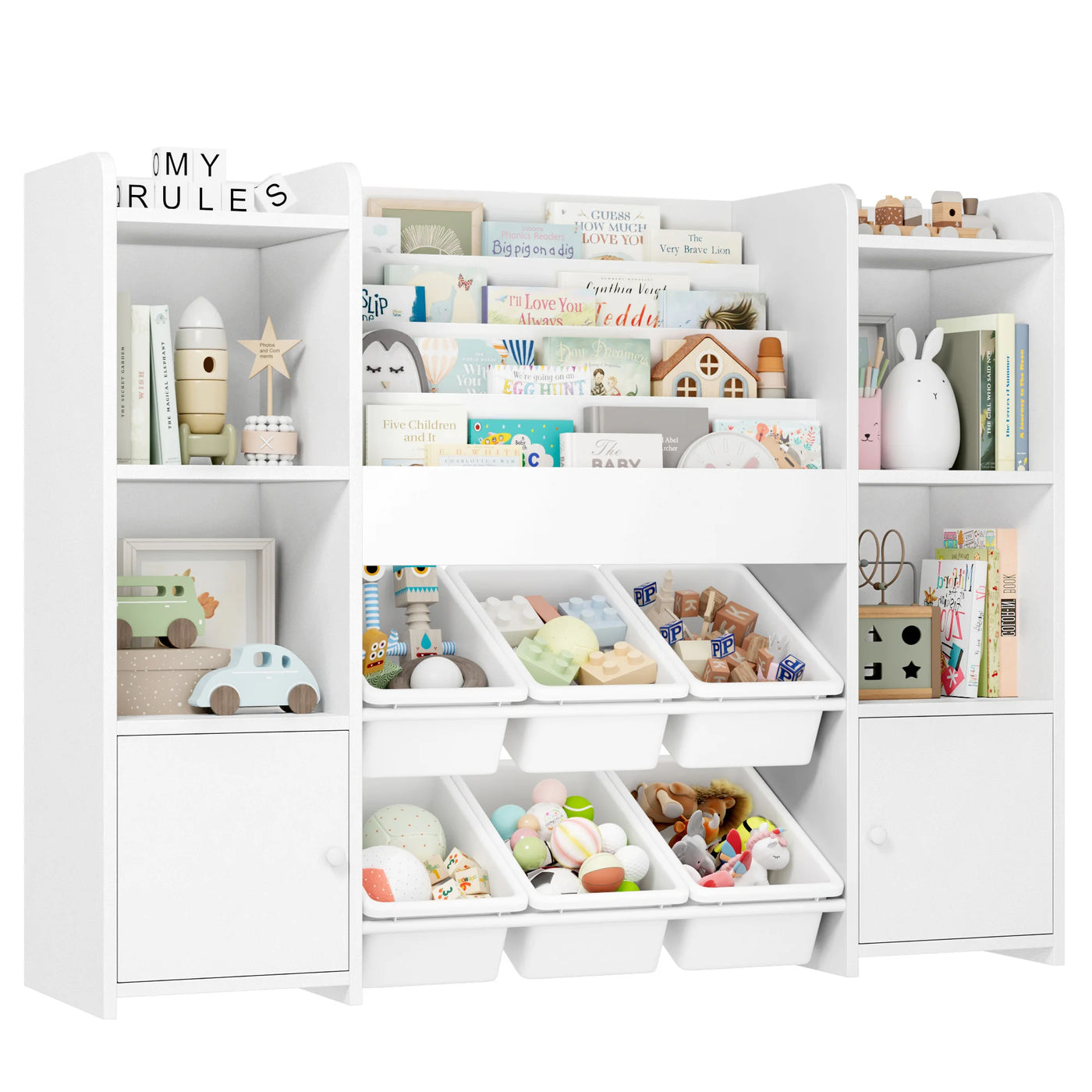 Children's shelf CHILDREN'S room furniture toys chest bookcase CHILDREN'S wardrobe with 6 boxing 4 bookshelves 8 shelves 119x29.5x94cm